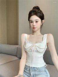 Women's Tanks Sexy Girl Black White Pearl Chain Short Camisole Summer Lace Up Open Back Sling Top Vest Fashion Sleeveless Tank Crop