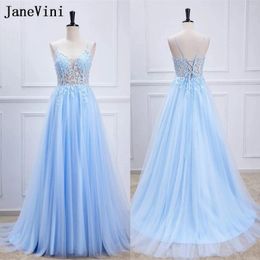 Party Dresses JaneVini Elegant Sky Blue Tulle Prom Black Girl Long Women Lace A-line Sexy Evening Formal Gowns Vestido Gala 2024