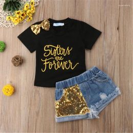 Clothing Sets 1-6years Baby Girls 2pcs Set Sequined Bow Letter Printed T-Shirt Elastic Waist Patchwork Denim Shorts Ggirls Summer