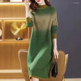 Casual Dresses Sweater Women's Autumn And Winter Long High-End Temperament Mock-Neck Stripes Wool Knitted Skirt Dress