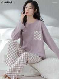 Women's Sleepwear Loose Pajama Sets Women Plaid Long Sleeve Autumn Elegant Stylish Korean Style Leisure Comfortable Sweet Nightwear