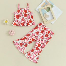 Clothing Sets Baby Girl Summer Clothes Toddler Bell Bottom Outfit Heart Print Sleeveless Camisole Ruffle Crop Tops Flare Pants Set