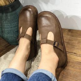 Casual Shoes Women Flats 2024 Summer Slipony Genuine Leather Buckle Strap Round Toe Soft Retro Comfortable Drive