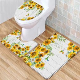 Bath Mats 3pcs/Set Sunflower Bathroom Mat Yellow Flower Hummingbird Green Leaf Plant Flannel Decor Bathtub Toilet Carpet Non-Slip Rug