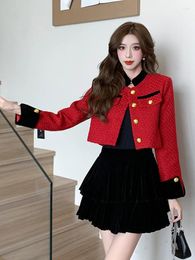 Work Dresses Korean Fashion Vintage 2 Pieces Outfits Women Ladies Mujer Elegant Red Coat Jacket Outwear And Strap Mini Dress Short Set