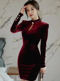 Casual Dresses Korean Fashion Wine Red Velvet Short Dress Elegant Women Clothes Vintage Chic Hollow Sexy Long Sleeve Slim Fit Mini Vestidos