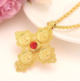 Coin Pendants Italian rope Necklaces Red Green Blue Solitaire 14 k Yellow Solid Gold GF Exquisite Jewelry Gift Boxed4515493