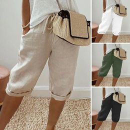 Women Cotton Linen Shorts Vintage Loose Wide Leg Trousers Drawstring Knee-length Pants for Ladies Elastic Waist with Pockets 240428