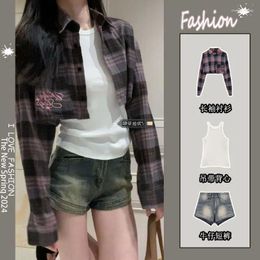 Women's T Shirts Three-piece Suit Female Spring And Summer Design Plaid Long-sleeved Shirt With Vest Denim Shorts Korean College Style 2024