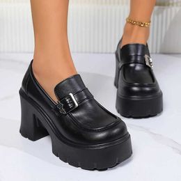 Dress Shoes 2024 New Womens High Heels Loafers Punk Pu Leather Chunky Platform Pumps Women Slip On Black Jk Uniform Woman Mary Janes H240517
