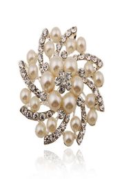 2 Inch Rhodium Silver Plated Clear Crystal and Ivory Pearl Wedding Brooch Bouquet Pins Accessory3072893