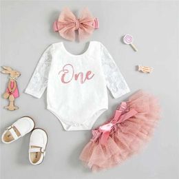 Clothing Sets Cute Baby Clothing Girl My First Birthday Clothing Long sleeved Flower Lace jumpsuit Tutu Ski Headband Baby Set J240518