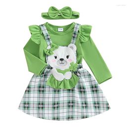 Clothing Sets Spring St. Patrick's Day Infant Baby Girl Outfit Solid Color Long Sleeve Romper Embroidery Overall Dress Headband Set