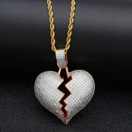 Iced out CZ Broken Love Heart pendant necklaces Bling Cubic zirconia Gold Silver charm Twisted chain For women men Rapper Hip Hop Jewel 307C