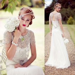 Vintage Great Gatsby Sparkly Crystal Beach Wedding Dress Jenny Packham Cap Sleeve Country Open Back Bridal Gowns vestidos de novia 3614