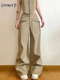 Women's Pants Khaki Zip Up Pocket Cargo High Waist Baggy Wide Leg Casual For Women Y2k Trousers Korean Fashion Streetwear
