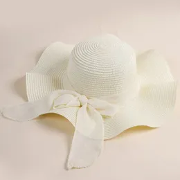 Wide Brim Hats UV Protection Beach Hat Casual Foldable Bow Ribbons Travel Straw Portable Sun Visor Cap