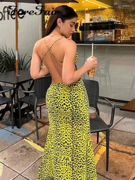 Casual Dresses Forefair Y2K Sexy Club Neck-mounted Backless Print Side Slit Summer Lady Off Shoulder Midi Yellow Dinner Party Dress Outfit