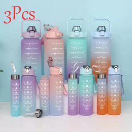 Water Bottles 3Pcs/Set Large Capacity Bottle Set Portable Plastic Frosted Gradient Color With Time Marker And Hanging Rope