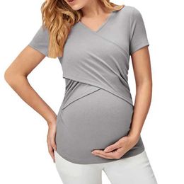 Maternity Tops Tees Maternity Clothes For Women Breastfeeding Clothing Short Sleeve T-Shirt Striped V-Neck Pregnant Womens Nursing Tops Y240518MKR6