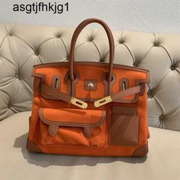 Cargo Handbag Top Quality Bag Handbag Canvas Handswen Tote Bag 35cm Home Wax Thread with Swift Cowhide Orange