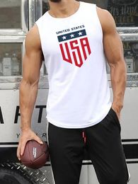 Mens Summer Unified States Usa Printed Fitness Loose Size Breathable and Comfortable Round Neck Sleeveless Tank Top T-shirt 240518