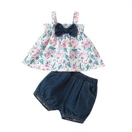 Clothing Sets 2Pcs Fashionable Little Girls Outfit Children Summer Sweet Style Floral Plant Printing Sleeveless Suspender Top Shorts Set