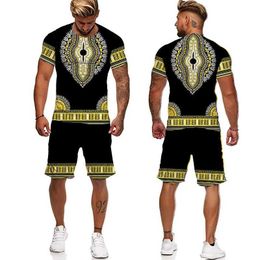 Men's Tracksuits New Summer Male Suit Mens T-shirts Sets New 3D Printed African Dashiki Mens Tracksuit Vintage Oversized 2 Piece Sets J240510