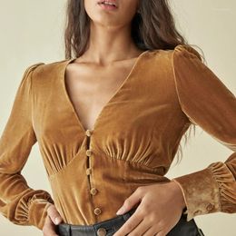 Women's Polos French V-neck Sexy Slim Blouse 2024 Early Spring Ladies Long Sleeve Velvet Shirt And Top Female Clothes