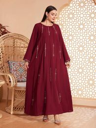 Ethnic Clothing Fashion Luxury Diamonds Abaya Hijab Dress For Women Red O Neck Long Sleeve Loose Arabic Muslim Dubai Moroccan Caftan 2024