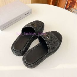 Slippers Black Natural Crochet Fabric Flatform Sandals Woven Platform Mule Womens Casual Chunky Bottom Slide Summer Beach Flip Flops Rubber Sole