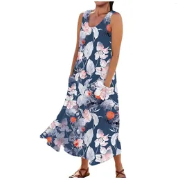 Casual Dresses Elegant Long For Women 2024 Summer Comfortable Floral Print Sleeveless Cotton Pocket Dress Vestidos Para Mujer