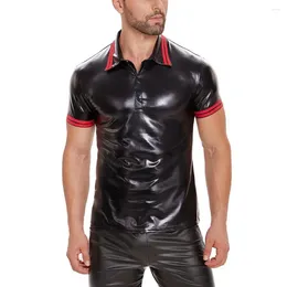 Men's Casual Shirts Men Short Sleeve Top Faux Leather Club Party Shirt With Turn-down Collar Slim Fit Summer For Performance Events