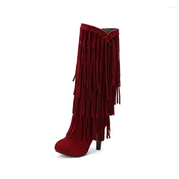 Boots BLXQPYT 2024 Flock Women High Heels Over The Knee Bota Shoes Fringe Tassels Fashion Long Zapatos De Mujer 308