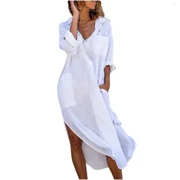 Women's Bathing Suit Cover-Up Dress Ladies Solid Color Long Sleeve Lapel Side Slit Mid-Length Slim Shirt Beachwear