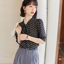 Women's Blouses 2024 Summer Shirt Women Elegant Black Small Dot Short Sleeve Lace-up Design Chiffon Top