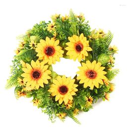 Decorative Flowers Artificial Sunflower Summer Wreath - Fake Flower With Yellow And Green Leave For Front Door