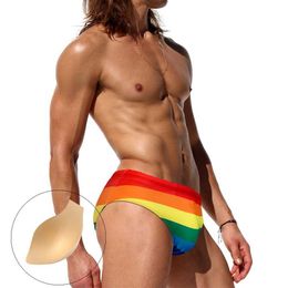 Men's Swimwear Sexy Rainbow Striped Swimsuits Europe America Mens Swimming Briefs Bikini Swimwear Fashion Male Beach Board Shorts Bathing Suit Y240517