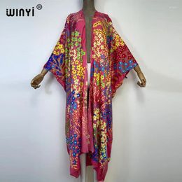 Africa Fashion Flower Print Beach Wear Swim Suit Elegant Women Boho Cardigan Sexy Holiday Long Sleeve Kimono Dress