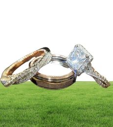 Huitan Luxury Princess Cut Cubic Zircon Bridal Marriage Rings 3Pc Set Elegant Accessories Brilliant Women Wedding Trendy Jewelry P4333676