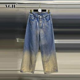Women's Jeans VGH Hit Color Casual Denim Floor Length Trousers For Women High Waist Patchwork Pockets Loose Wide Leg Pants Female Fashion