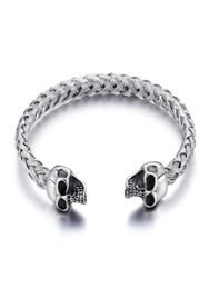 Silver Stainless Steel Cuff bangle Biker double skull head End Open Bracelet knot Wire chain1442541