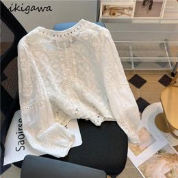 Women's Blouses Temperament Ladies Tops Sweet Long Sleeve Chic Women Clothing O-neck Single Breasted Crop Vintage Korean Shirts
