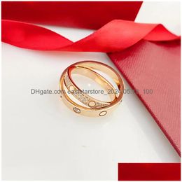 Band Rings Diamond Love Ring 18K Gold Sier Rose Double Circle 316L Stainless Steel Women Men Lovers Jewellery Lady Party Size Drop Deliv Otqyk