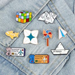 Brooches Funny Childhood Memory Enamel Pins Cartoon Aeroplane Paper Boat Brooch Bag Cloth Lapel Badge Aircraft Ticket Kids Friends Jewellery