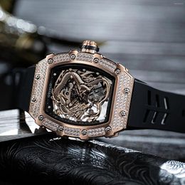 Wristwatches OBLVLO Famous Men's Dragon Mechanical Watch Luxury Diamonds Tonneau Waterproof Automatic Rubber Sport Watches XM-DRAGON-D