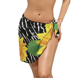 Yellow Sunflower Beach Bikini Cover Up Black Stripes Chiffon Cover-Ups Summer Elegant Wrap Skirts Design Big Size Wear