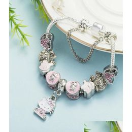 Beaded Wholesale-R Creative Cartoon Beads European Charm Bracelet Suitable For Style Female /Child Pink Kitten Pendant Diy Bracelet3 Dhxsl