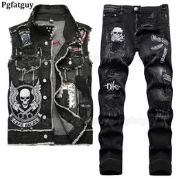 Black Skull Embroidered 2 Piece Mens Sets Fashion Slim Denim Vest and Ripped Hole Jeans Two Pieces Men Casual Suit Streetwear 240507