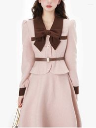 Work Dresses Pink Vintage France Two-piece Set Women 2024 Warm Winter Korean Elegant Skirt Suit Sweet Coat A-line Party Midi